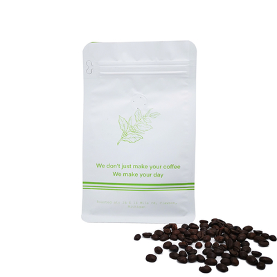 কাস্টম মুদ্রিত 340 গ্রাম 12oz ম্যাট হোয়াইট সমতল নীচের কফি ব্যাগ সঙ্গে ভালভ সামনের ছিঁড়ে বন্ধ Ziplock