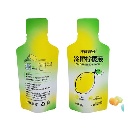 কাস্টম মুদ্রিত গন্ধ প্রতিরোধী বোতল আকৃতির স্ট্যান্ড আপ পকেট ব্যাগ ফয়েল আচ্ছাদিত অশ্রু খাঁজ সঙ্গে লেবু রস পানীয় প্যাকেজিং জন্য